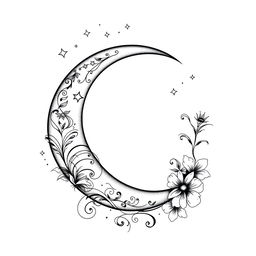 An elegant tattoo design featuring a crescent moon with intricate details