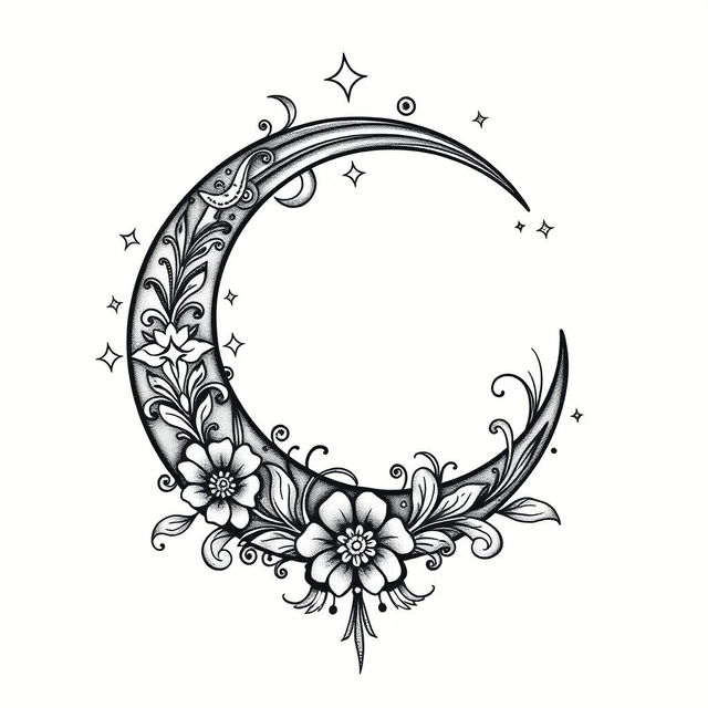 An elegant tattoo design featuring a crescent moon with intricate details