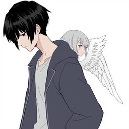 A male high schooler with sleek black hair, walking with a slight downward gaze, accompanied by a female angel with short to medium-length white hair following closely behind him