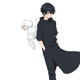 A male high schooler with sleek black hair, walking with a slight downward gaze, accompanied by a female angel with short to medium-length white hair following closely behind him