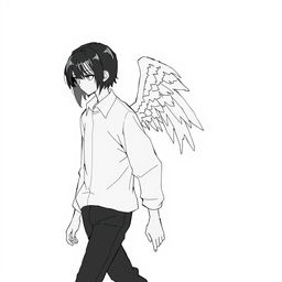 A male high schooler with sleek black hair, walking with a slight downward gaze, accompanied by a female angel with short to medium-length white hair following closely behind him