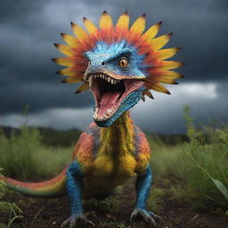 Emerging from the undergrowth is a Dilophosaurus, its colourful frills extended and menacing under the stormy sky, poised ominously before the shocked scheming individual.