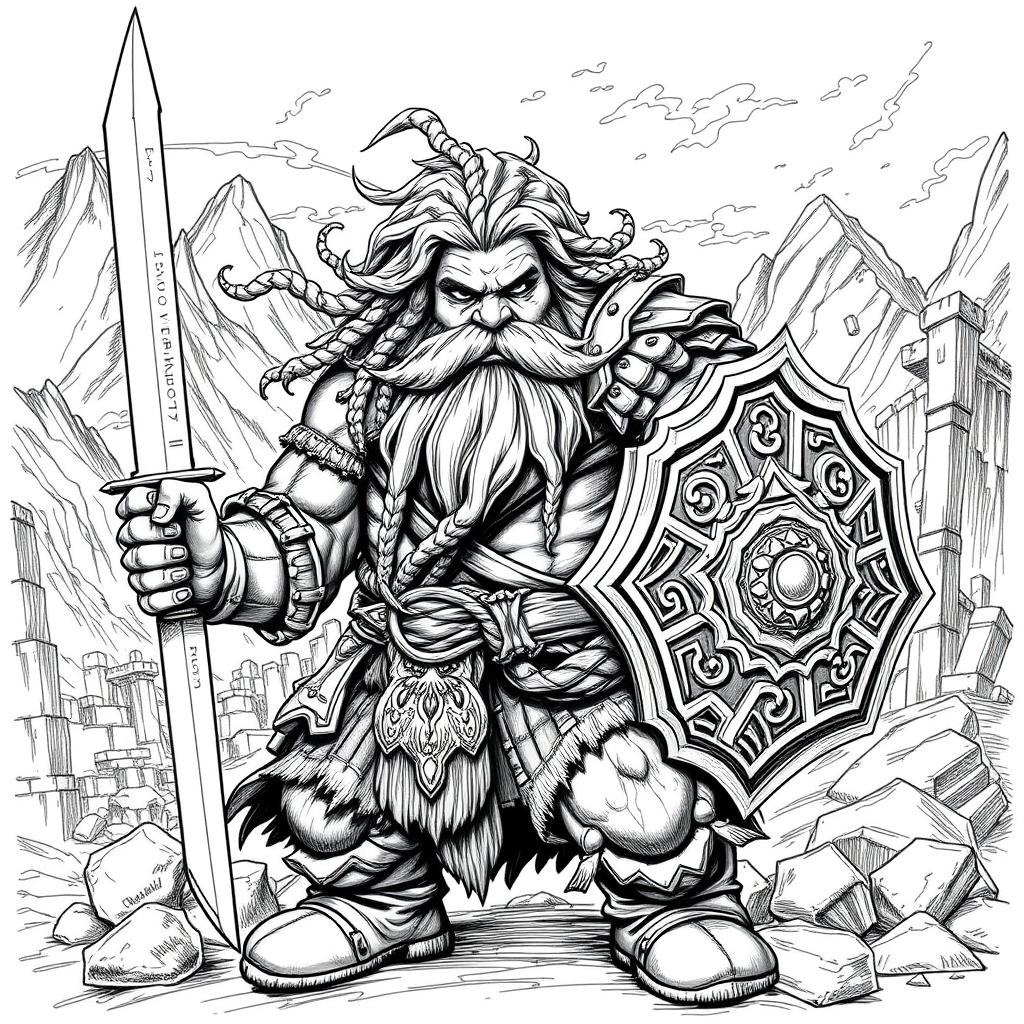 A Dwarf warrior featuring full, flowing hair and a majestic beard, depicted in classic Dungeons & Dragons style