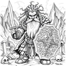 A Dwarf warrior featuring full, flowing hair and a majestic beard, depicted in classic Dungeons & Dragons style