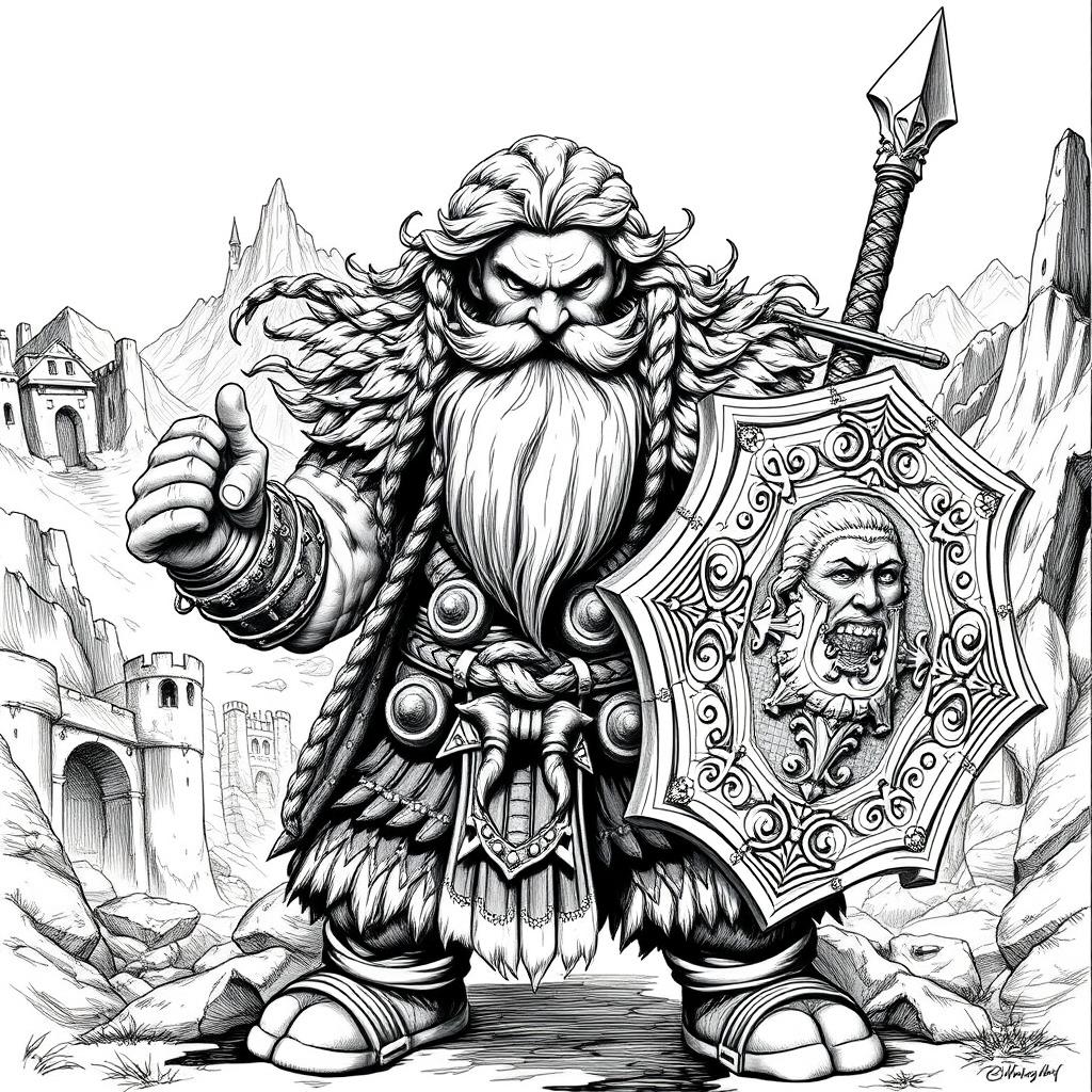 A Dwarf warrior featuring full, flowing hair and a majestic beard, depicted in classic Dungeons & Dragons style