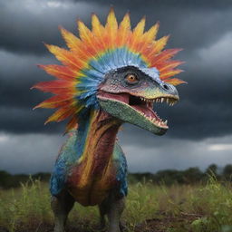 Emerging from the undergrowth is a Dilophosaurus, its colourful frills extended and menacing under the stormy sky, poised ominously before the shocked scheming individual.