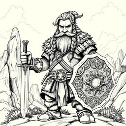 A Dwarf warrior portrayed in classic Dungeons & Dragons style, featuring full, wavy hair and a robust braided beard