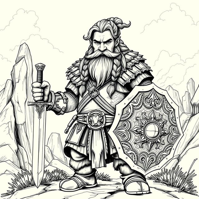 A Dwarf warrior portrayed in classic Dungeons & Dragons style, featuring full, wavy hair and a robust braided beard