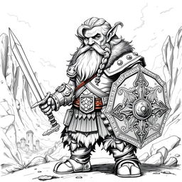 A Dwarf warrior portrayed in classic Dungeons & Dragons style, featuring full, wavy hair and a robust braided beard