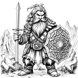 A Dwarf warrior portrayed in classic Dungeons & Dragons style, featuring full, wavy hair and a robust braided beard