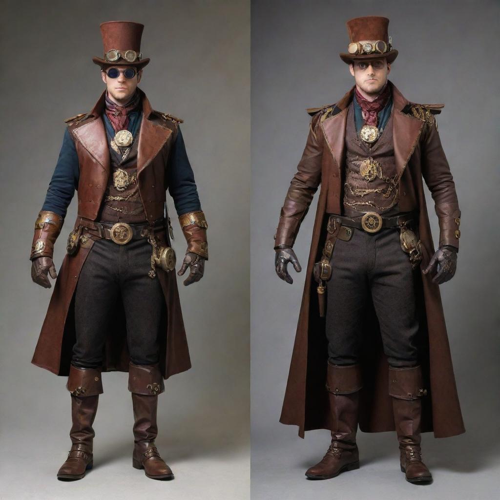 Superheroes dressed in steampunk style, adorned in richly detailed outfits made of leather, brass, and clockwork components. Their powers seem augmented with Victorian-era technology, making their classic silhouettes distinctly industrial and retrofuturistic.