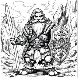 A Dwarf warrior portrayed in classic Dungeons & Dragons style, featuring full, wavy hair and a robust braided beard