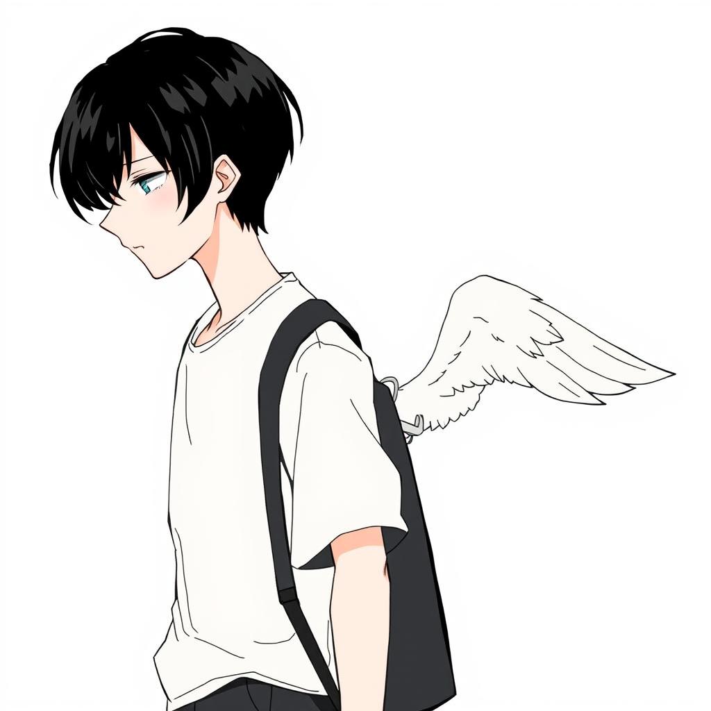 A male high schooler with sleek black hair, walking with a slight downward gaze, accompanied by a female angel with short white hair trailing behind him