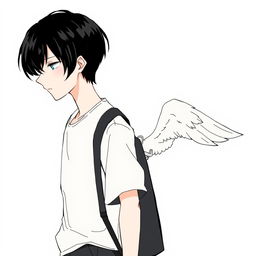 A male high schooler with sleek black hair, walking with a slight downward gaze, accompanied by a female angel with short white hair trailing behind him