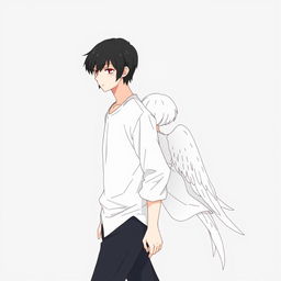 A male high schooler with sleek black hair, walking with a slight downward gaze, accompanied by a female angel with short white hair trailing behind him