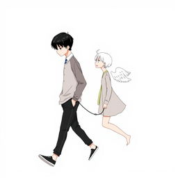 A male high schooler with sleek black hair, walking with a slight downward gaze, accompanied by a female angel with short white hair trailing behind him