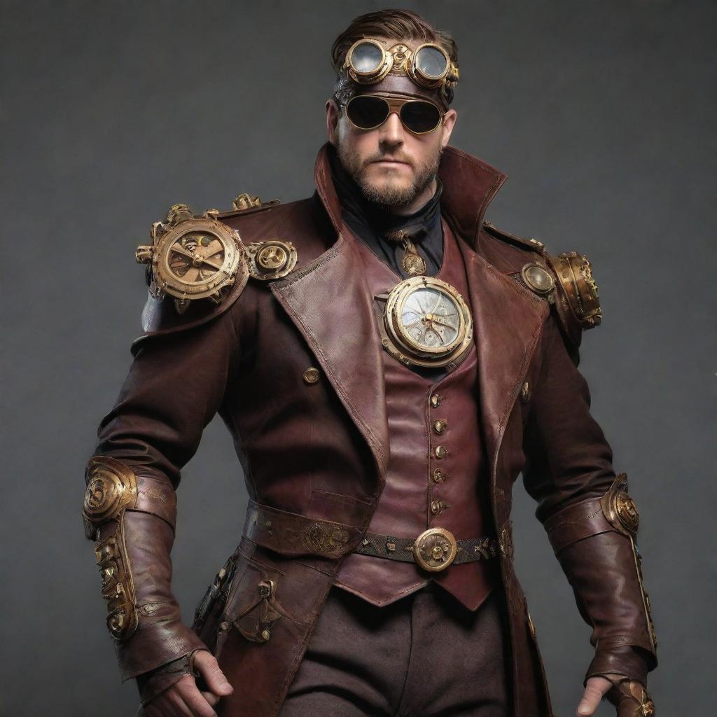 Superheroes dressed in steampunk style, adorned in richly detailed outfits made of leather, brass, and clockwork components. Their powers seem augmented with Victorian-era technology, making their classic silhouettes distinctly industrial and retrofuturistic.