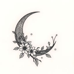 An elegant tattoo design featuring a crescent moon with intricate details