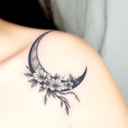 An elegant tattoo design featuring a crescent moon with intricate details