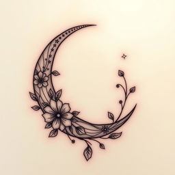 An elegant tattoo design featuring a crescent moon with intricate details