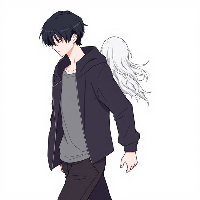 A male high schooler with sleek black hair, walking with a slight downward gaze, accompanied by a female angel with flowing white hair trailing behind him