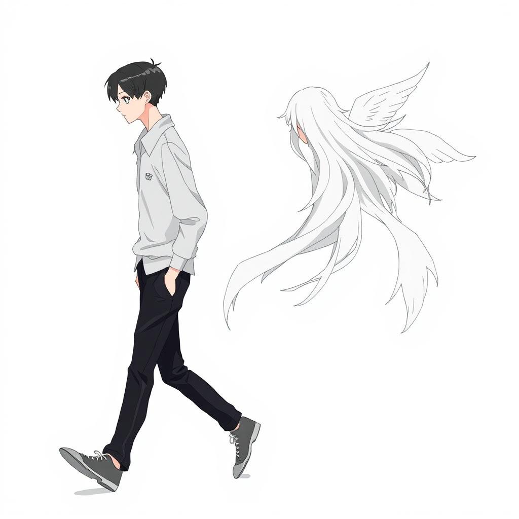 A male high schooler with sleek black hair, walking with a slight downward gaze, accompanied by a female angel with flowing white hair trailing behind him