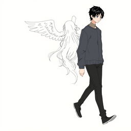 A male high schooler with sleek black hair, walking with a slight downward gaze, accompanied by a female angel with flowing white hair trailing behind him