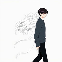 A male high schooler with sleek black hair, walking with a slight downward gaze, accompanied by a female angel with flowing white hair trailing behind him