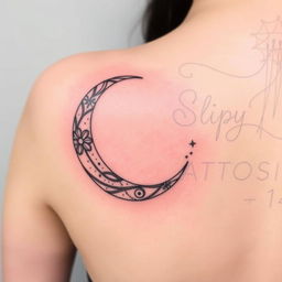 An elegant tattoo design featuring a crescent moon with intricate details, distinct from a previously mentioned design