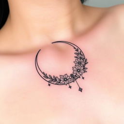 An elegant tattoo design featuring a crescent moon with intricate details, distinct from a previously mentioned design