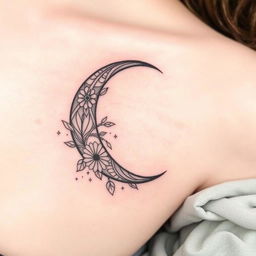 An elegant tattoo design featuring a crescent moon with intricate details, distinct from a previously mentioned design