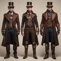 Superheroes dressed in steampunk style, adorned in richly detailed outfits made of leather, brass, and clockwork components. Their powers seem augmented with Victorian-era technology, making their classic silhouettes distinctly industrial and retrofuturistic.