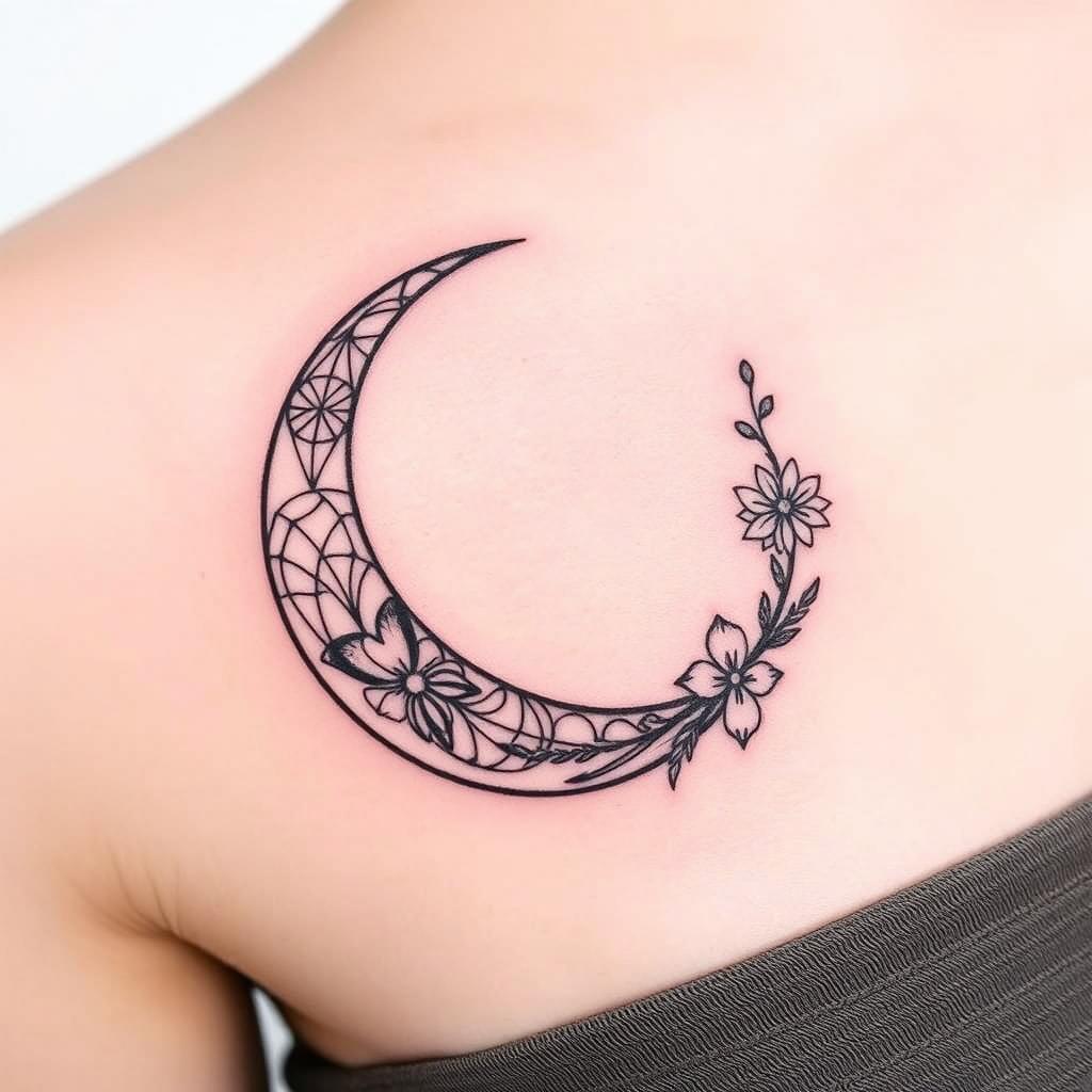 An elegant tattoo design featuring a crescent moon with intricate details, distinct from a previously mentioned design