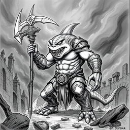 A Shark-Man character depicted in a dark and gritty Dungeons & Dragons style