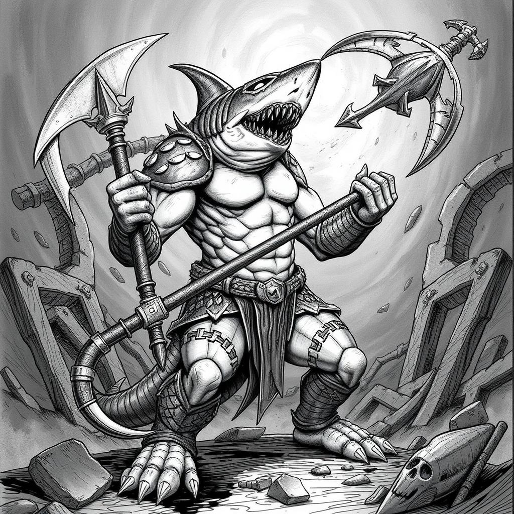 A Shark-Man character depicted in a dark and gritty Dungeons & Dragons style