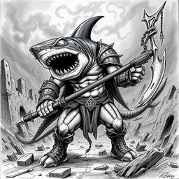 A Shark-Man character depicted in a dark and gritty Dungeons & Dragons style