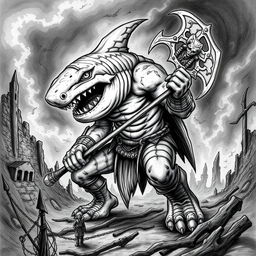 A Shark-Man character depicted in a dark and gritty Dungeons & Dragons style