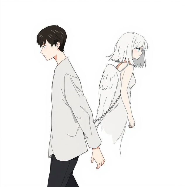 A male high schooler with sleek black hair, walking with a slight downward gaze, accompanied by a female angel with medium-length white hair trailing behind him