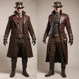 Superheroes dressed in steampunk style, adorned in richly detailed outfits made of leather, brass, and clockwork components. Their powers seem augmented with Victorian-era technology, making their classic silhouettes distinctly industrial and retrofuturistic.