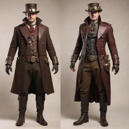 Superheroes dressed in steampunk style, adorned in richly detailed outfits made of leather, brass, and clockwork components. Their powers seem augmented with Victorian-era technology, making their classic silhouettes distinctly industrial and retrofuturistic.