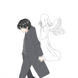 A male high schooler with sleek black hair, walking with a slight downward gaze, accompanied by a female angel with medium-length white hair trailing behind him