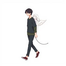 A male high schooler with sleek black hair, walking with a slight downward gaze, accompanied by a female angel with medium-length white hair trailing behind him