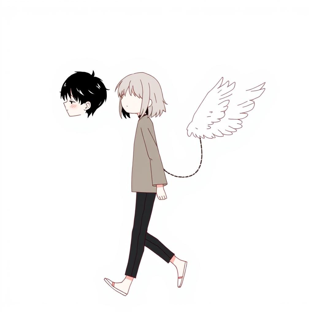 A male high schooler with sleek black hair, walking with a slight downward gaze, accompanied by a female angel with medium-length white hair trailing behind him