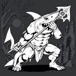 A Shark-Man character illustrated in a dark Dungeons & Dragons style, featuring fierce shark-like features and a muscular physique