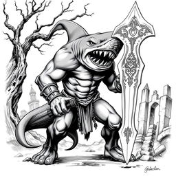 A Shark-Man character illustrated in a dark Dungeons & Dragons style, featuring fierce shark-like features and a muscular physique