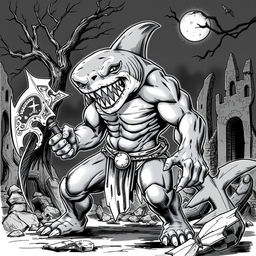 A Shark-Man character illustrated in a dark Dungeons & Dragons style, featuring fierce shark-like features and a muscular physique