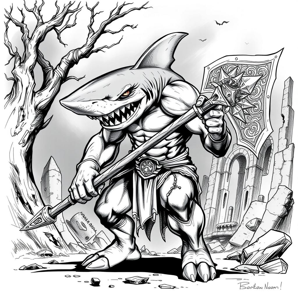 A Shark-Man character illustrated in a dark Dungeons & Dragons style, featuring fierce shark-like features and a muscular physique