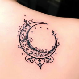 An elegant tattoo design featuring a crescent moon with intricate and unique details, showcasing a sense of sophistication