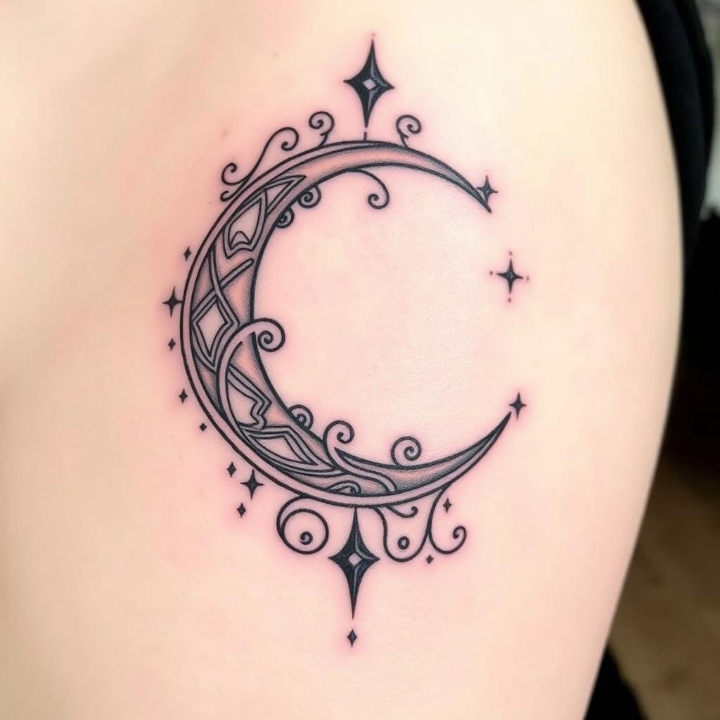 An elegant tattoo design featuring a crescent moon with intricate and unique details, showcasing a sense of sophistication