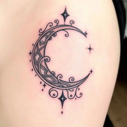 An elegant tattoo design featuring a crescent moon with intricate and unique details, showcasing a sense of sophistication